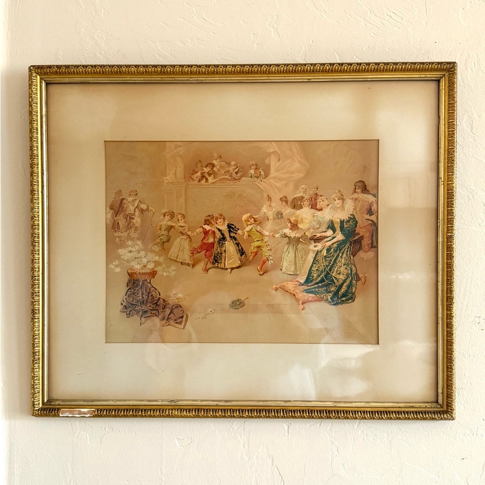 Antique French Lithograph by Charles Edourd de Beaumont, Gilded Gold Frame